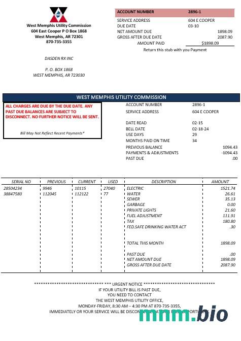 USA Arkansas West Memphis rachunek za usługi komunalne szablon w formacie Word i PDF